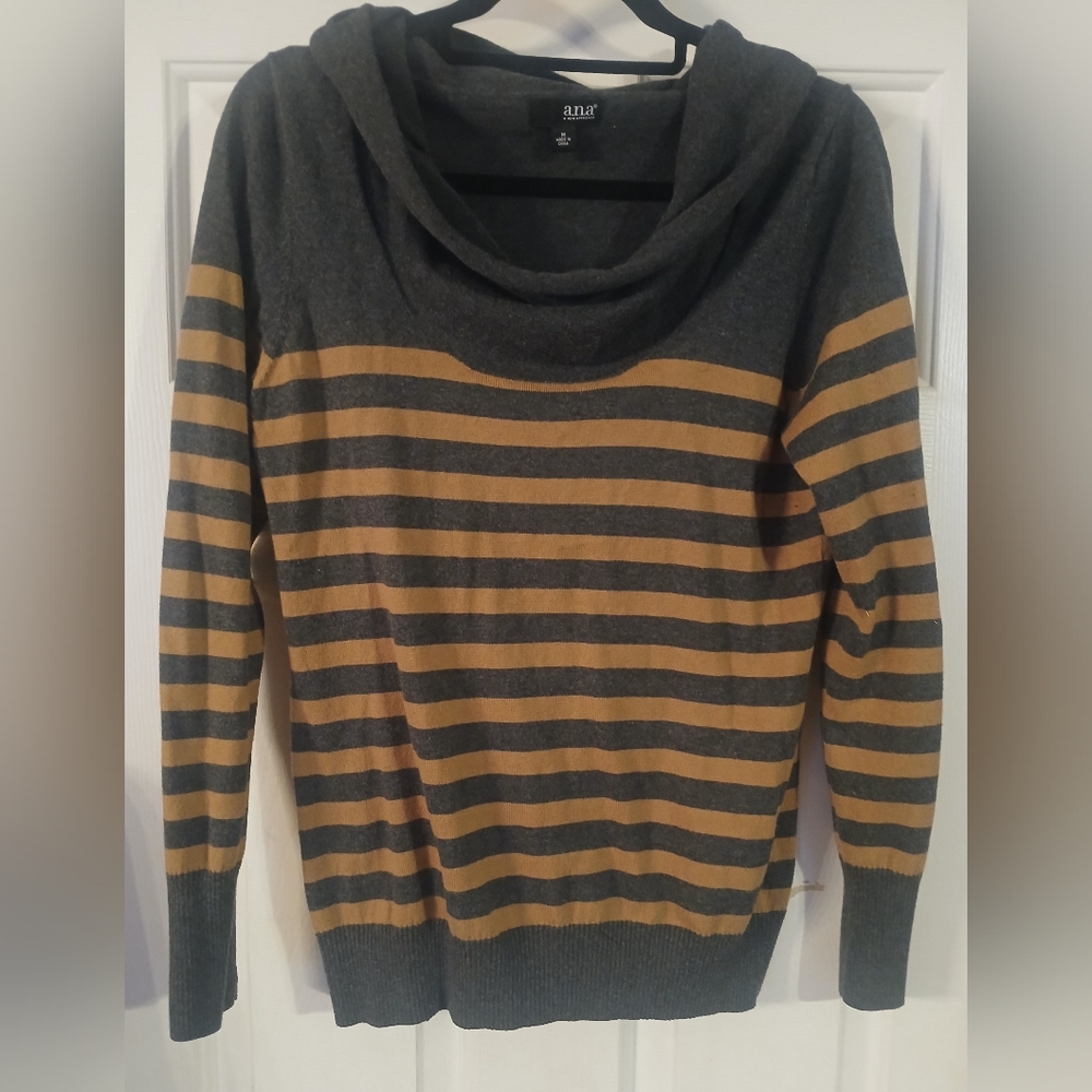 A.N.A. striped, Gray & Gold, pullover sweater with a cowl neck. Size M